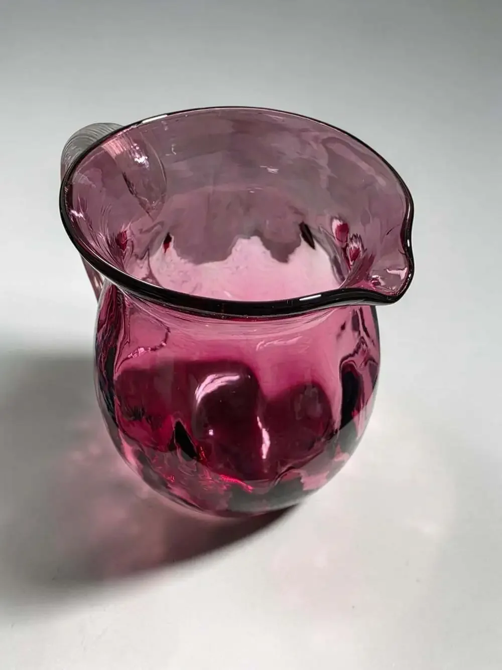 Vntg Pilgrim Art Glass Cranberry Ribbed Basket & Pitcher Set with Clear Handles